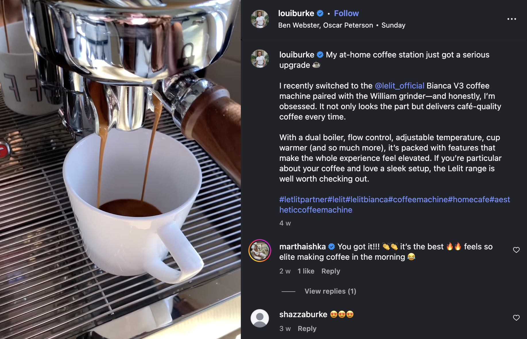instagram screenshot of influencer sharing morning coffee routine