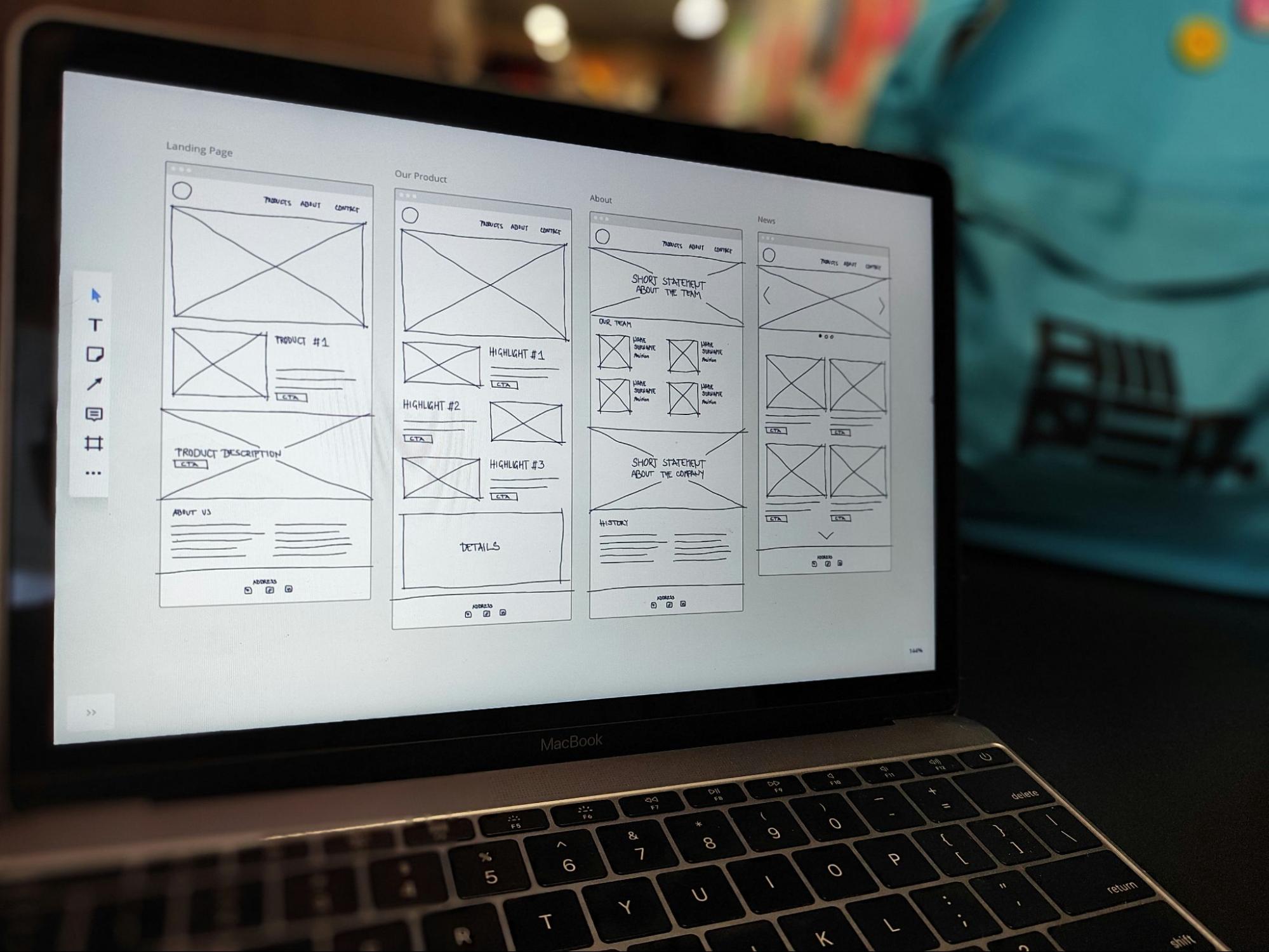 photo of laptop with 4 wireframe pages
