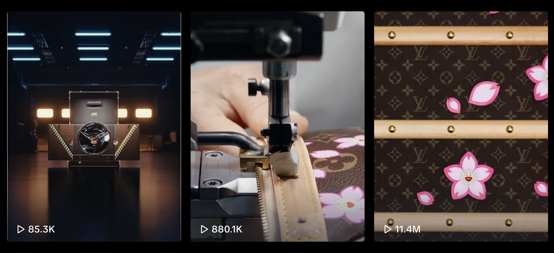 screenshot of 3 posts on Louis Vuitton TikTok page