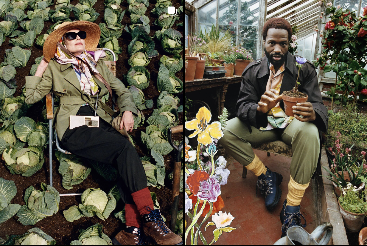 screenshot of two posts from Burberry instagram - woman in field of cabbages, man in greenhouse