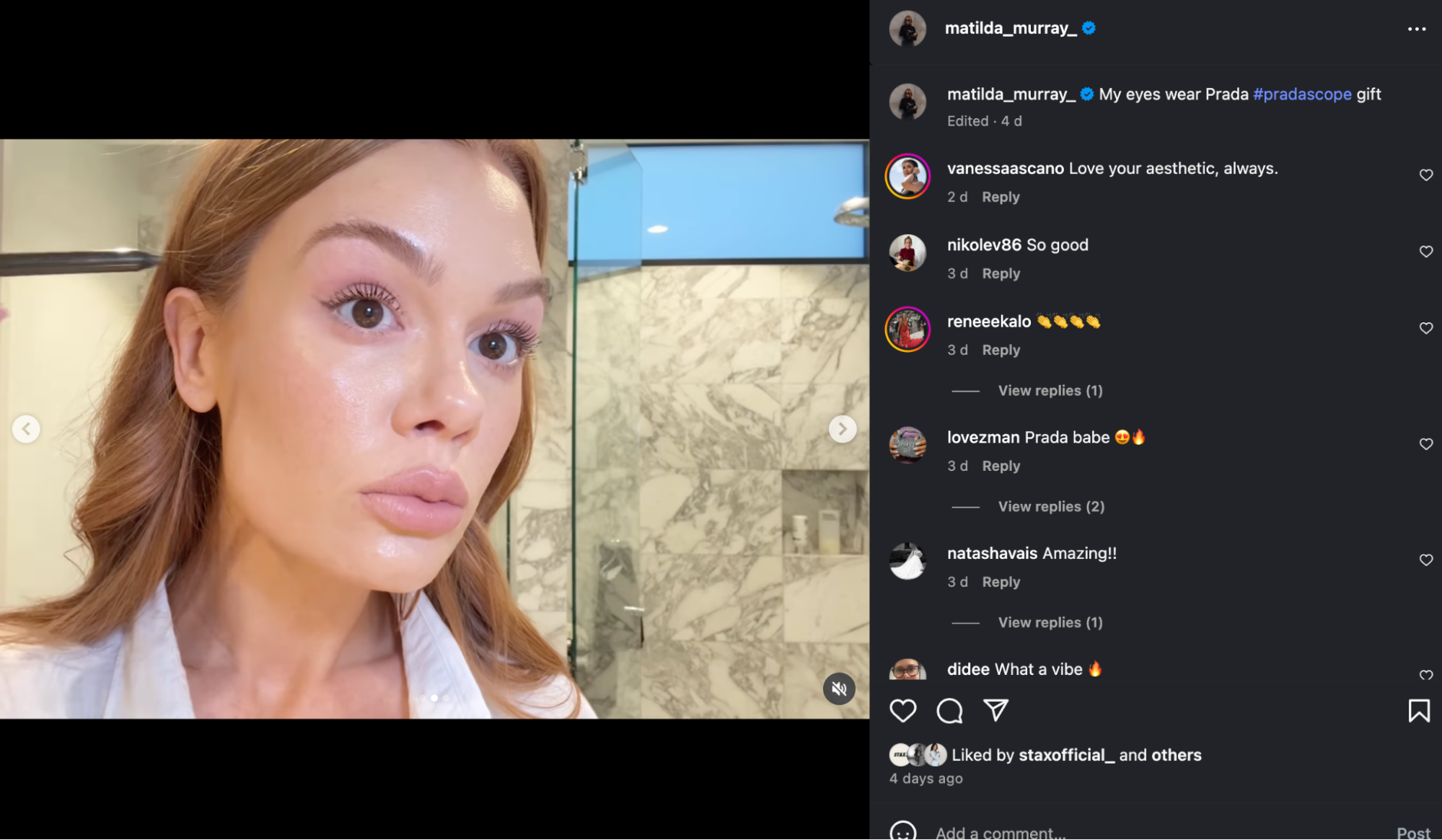 Instagram post of influencer matilda murray applying mascara by Prada
