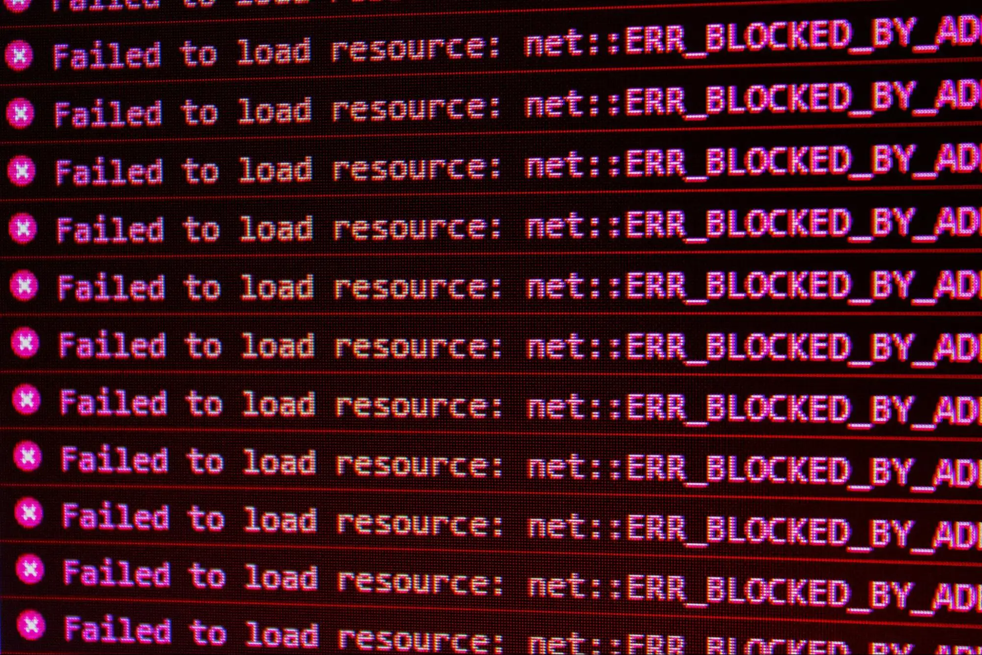 image of computer screen with repeated error message ‘failed to load resource’