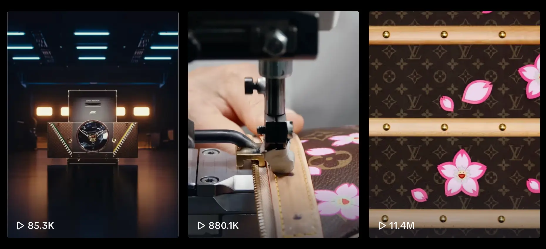 screenshot of 3 posts on Louis Vuitton TikTok page