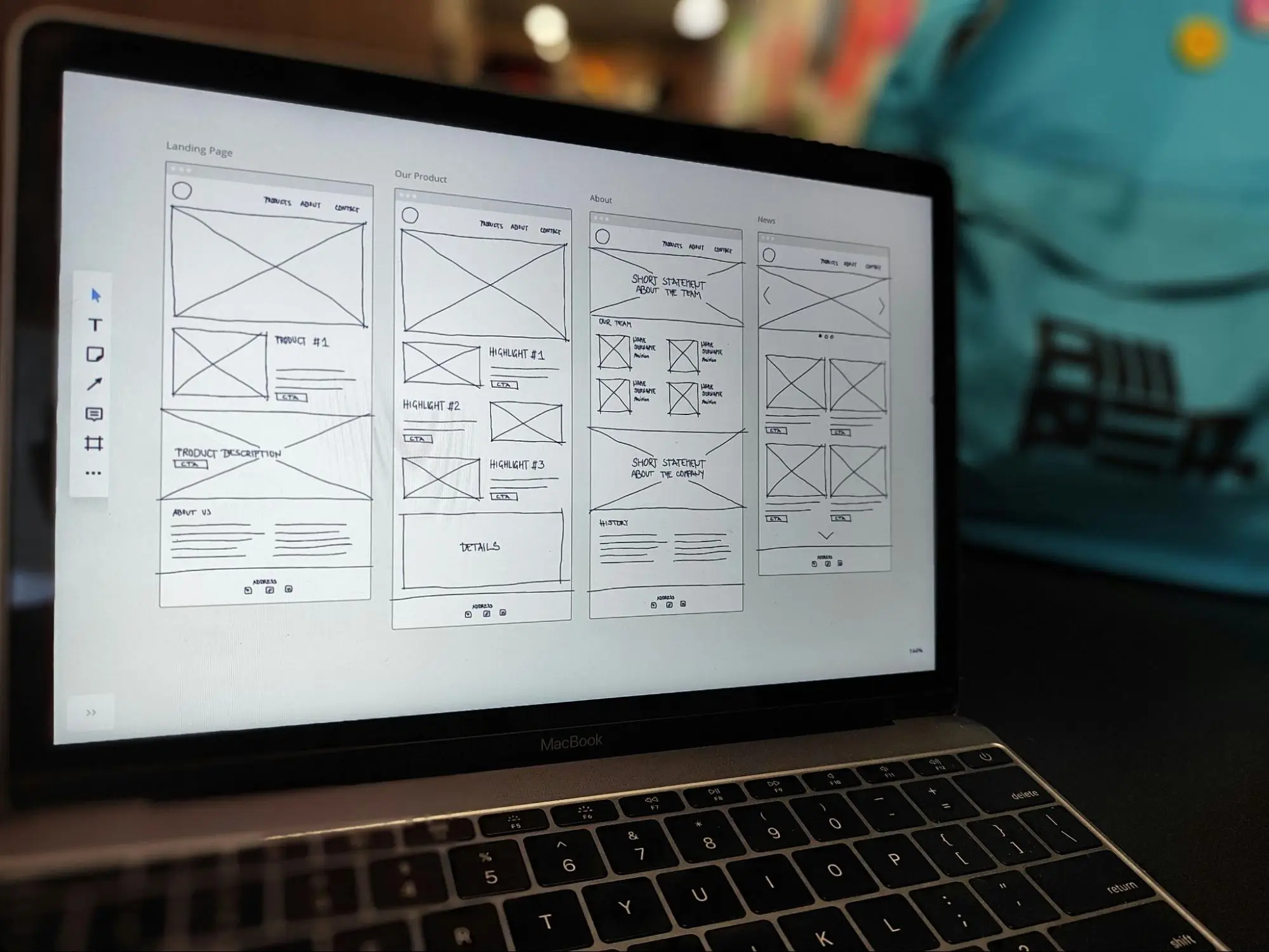 photo of laptop with 4 wireframe pages