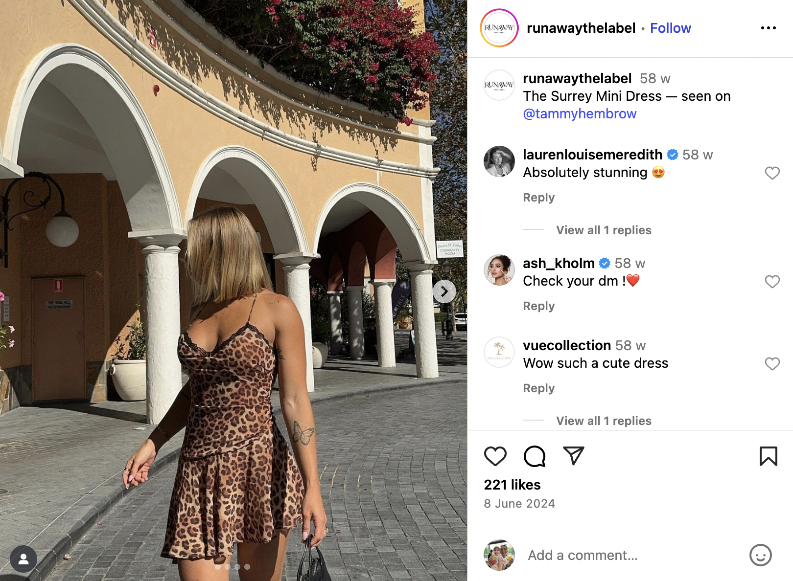 digital marketing example: Instagram image of Tammy Hembrow wearing runway the label