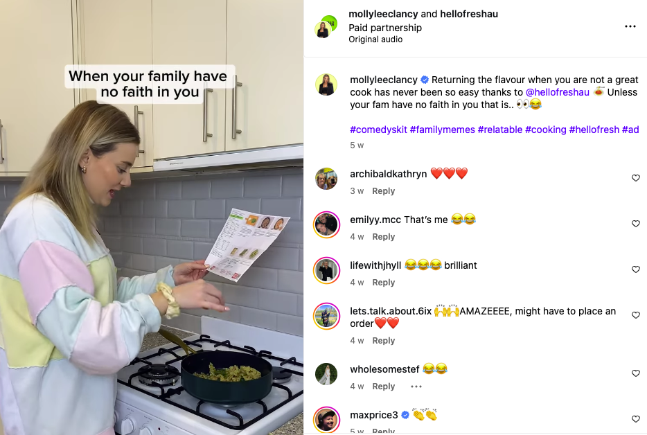 digital marketing examples: screenshot of hello fresh instagram campaign with Molly Lee Clancy